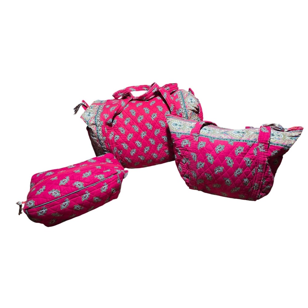 Vtg Vera Bradley 3 Piece Quilted Luggage Set Paisley Duffel Tote Cosmetic Bag